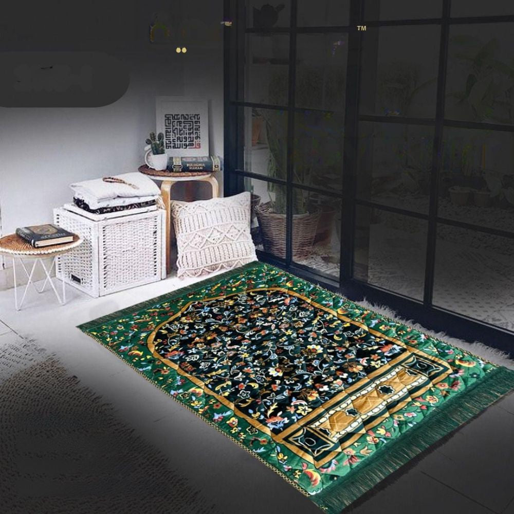 Decorative prayer mat on a floor with a room in the background