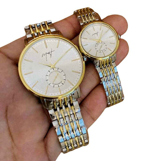 Couple Pair Watch with Box | Premium Golden Wrist Watch Set for Him & Her