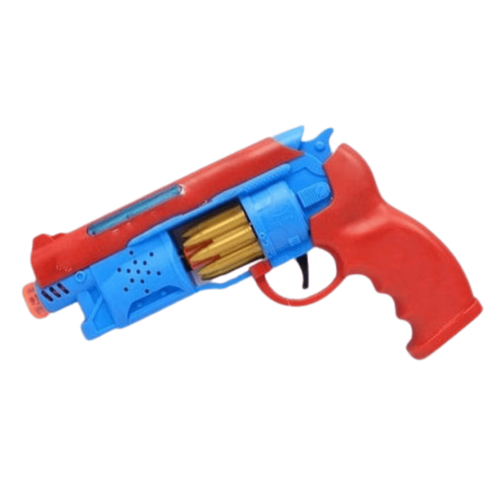 Front side view of red superhero-style toy music gun