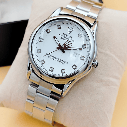 Front-facing image of Rolex date silver stainless steel watch