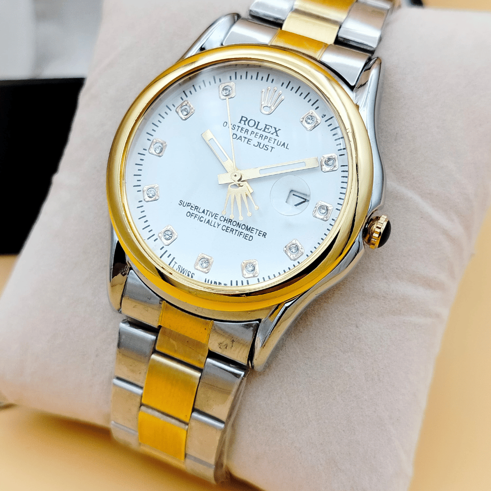 Front-facing image of Rolex date silver stainless steel watch