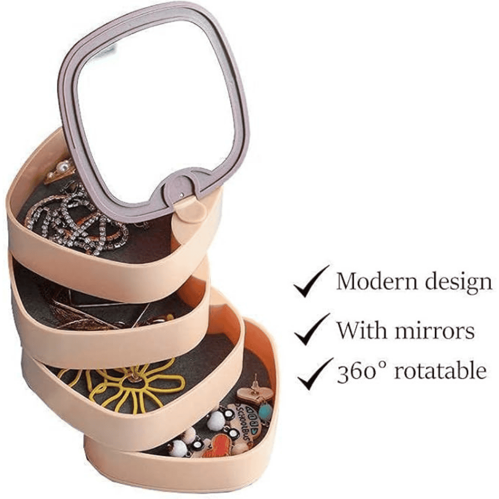 Jewelry organizer with mirrors and 360-degree rotation on a white background