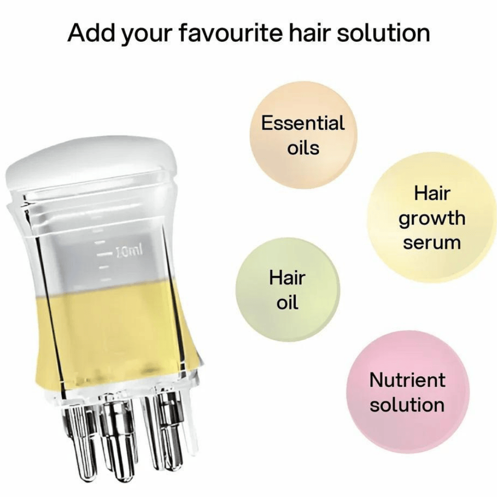 Add your favorite hair serum or oil into applicator