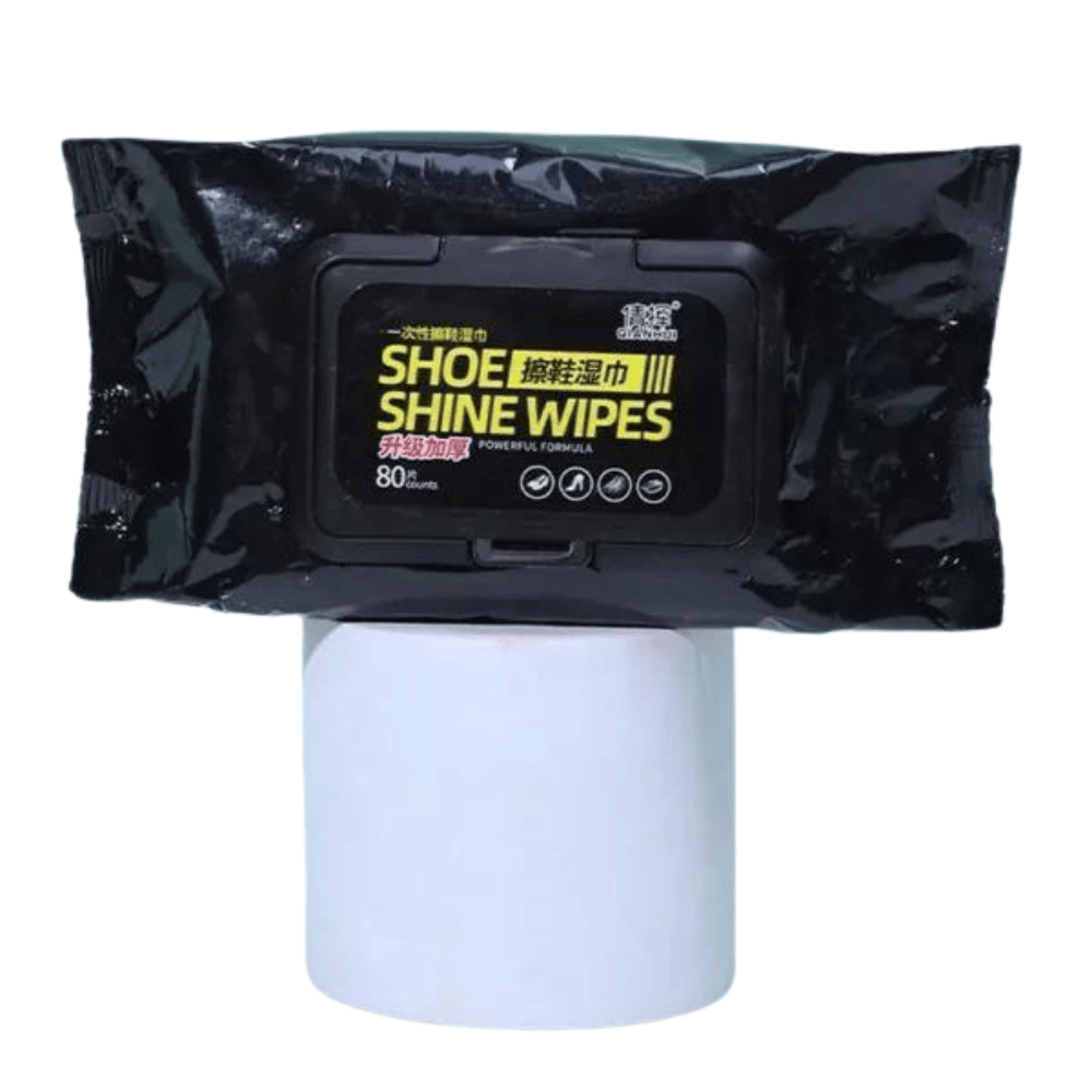 Front view of the shoe cleaning wipes packaging
