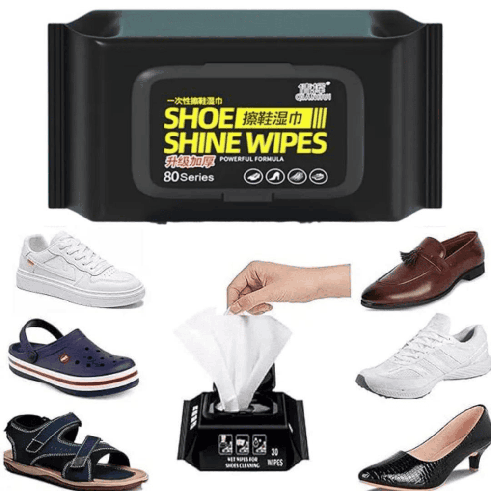 Shoe cleaning wipes displayed alongside various types of shoes