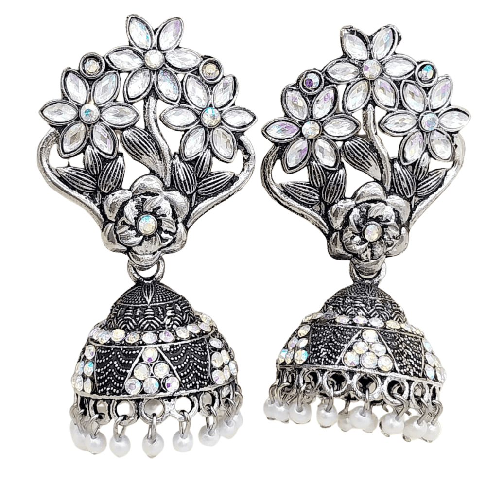 Front view of artificial silver flower-design earrings