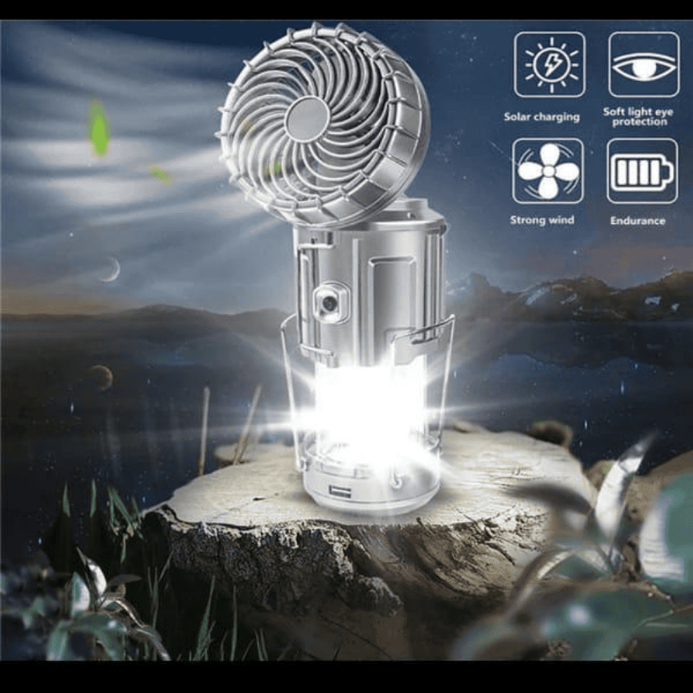 6 in 1 Portable Outdoor LED Camping Lantern with Fan – Rechargeable, Solar Charging, Power Bank, Torch, and Emergency Light