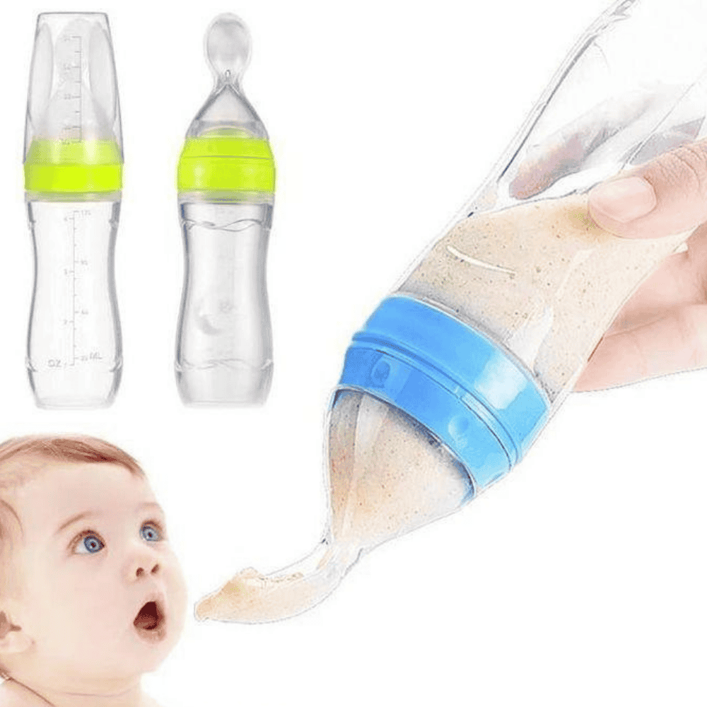 Image of baby using spoon feeder with adult