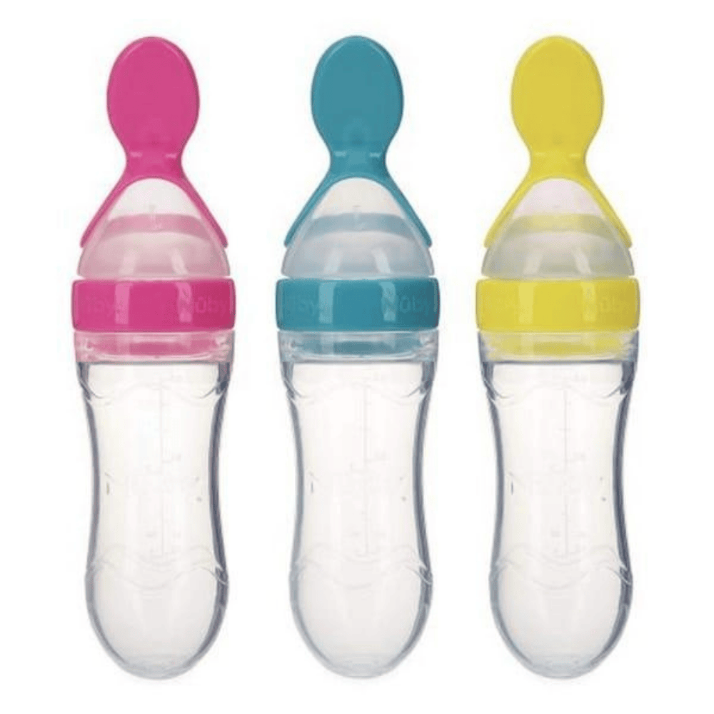 Close-up showing soft silicone spoon and squeeze bottle
