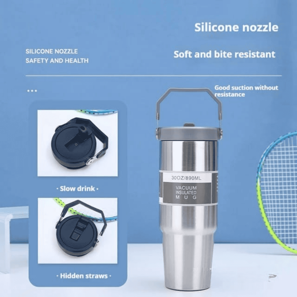 Stainless steel tumbler with silicone nozzle on a blue background