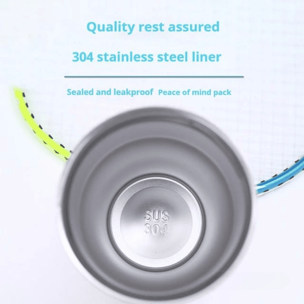 Gray bowl with 'SUS 304' marking on a white background, featuring text about quality assurance and stainless steel liner.