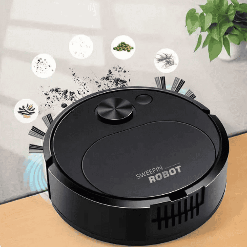 Front view of black 3-in-1 automatic sweeping robot