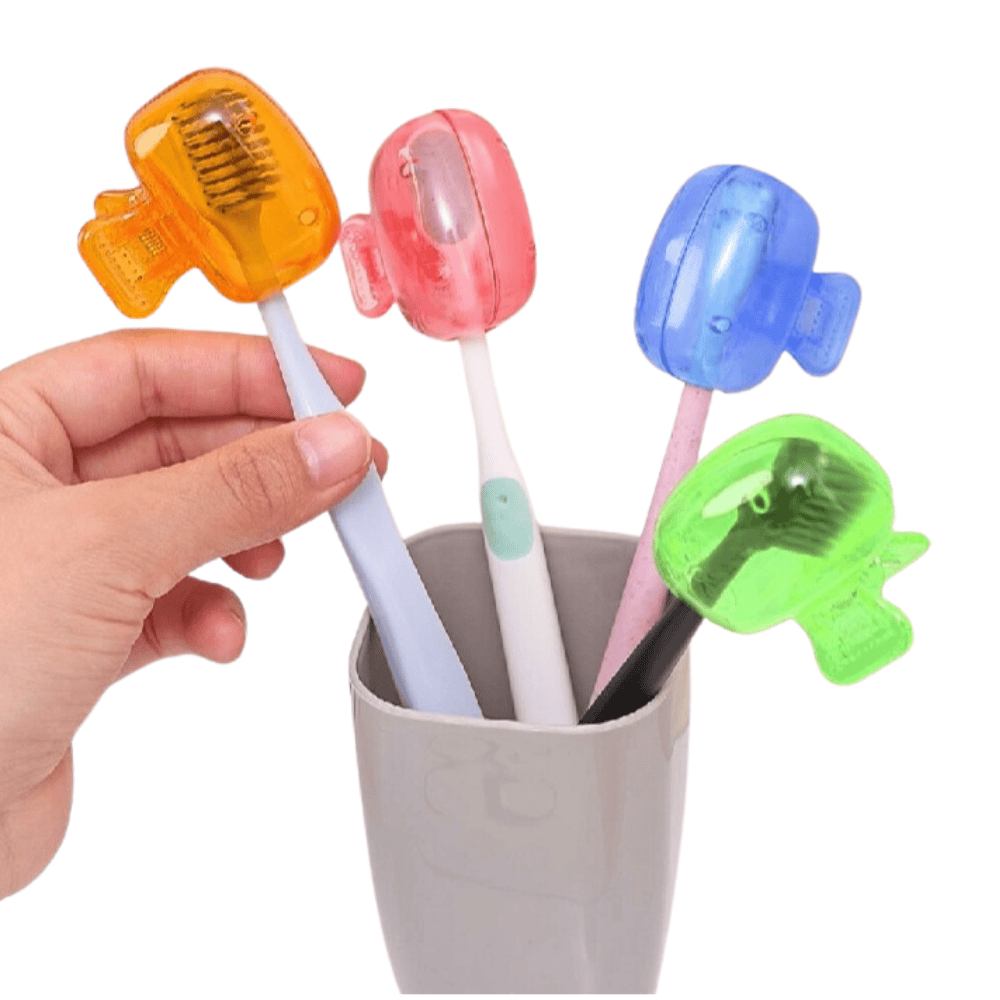 Toothbrush equipped with a protective head cover, front view