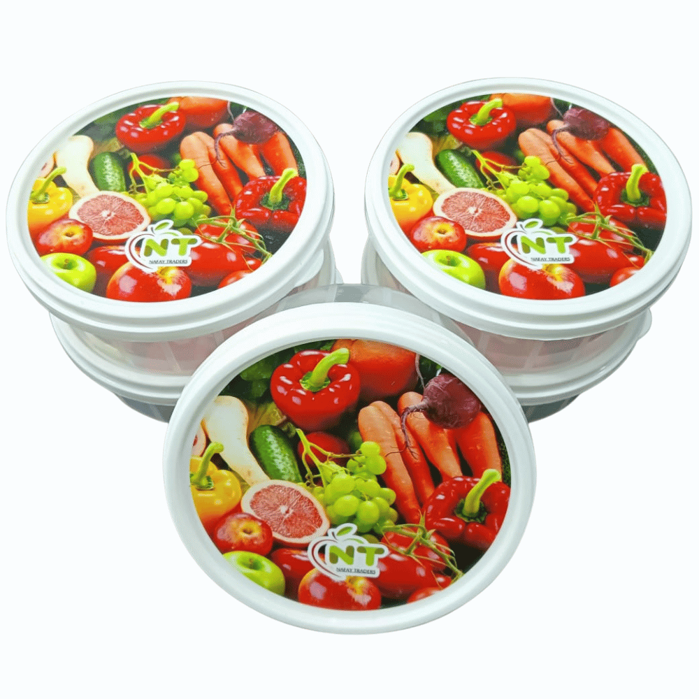 Three containers with fruit and vegetable design on lids against a white background