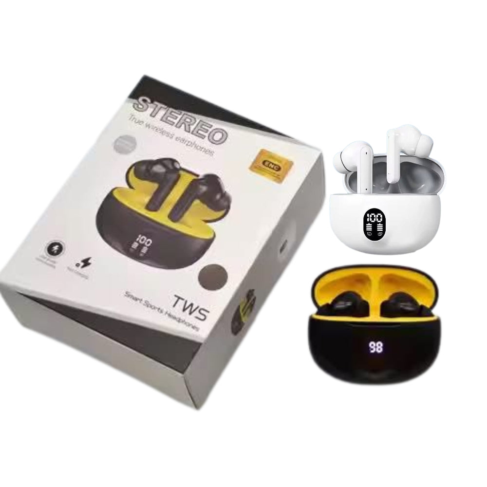 True wireless earbuds with charging case and packaging on a white background