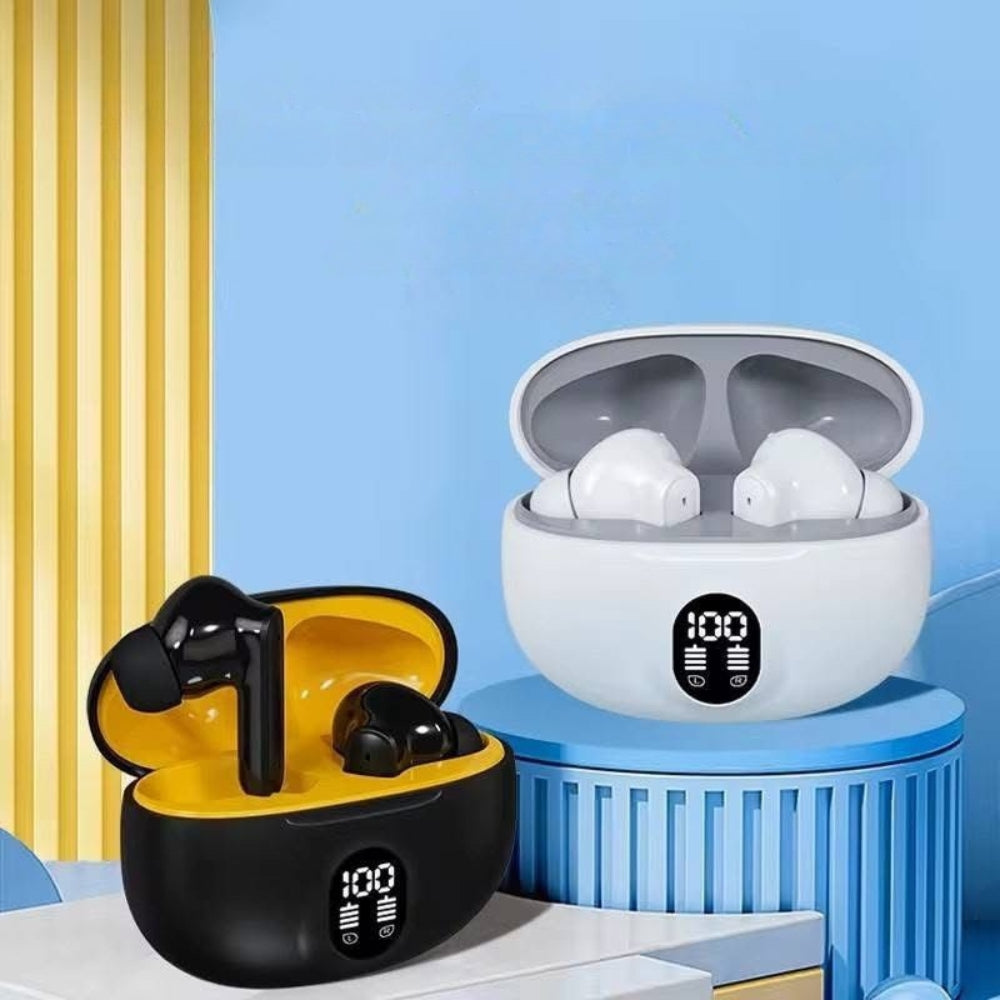 Wireless earbuds with charging case on a blue background