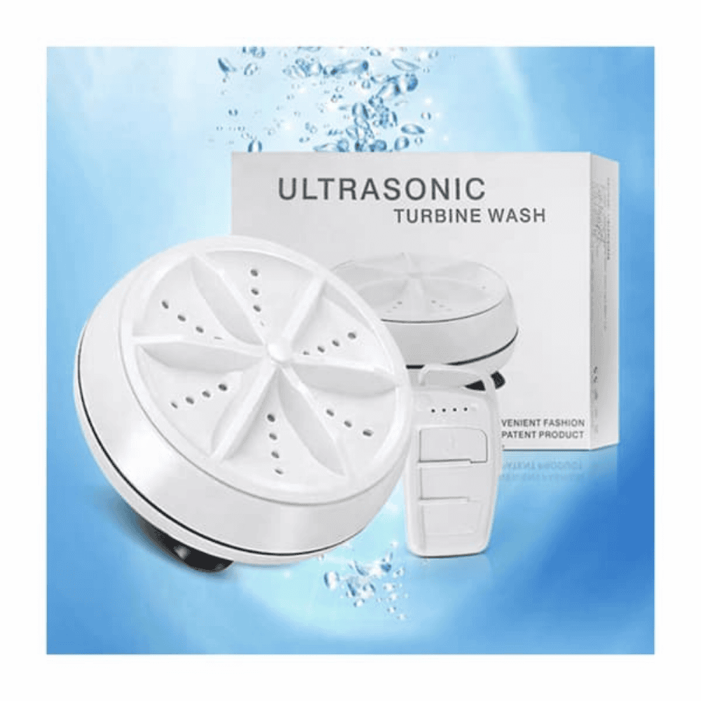 Ultrasonic turbine wash device with packaging on a blue water-themed background