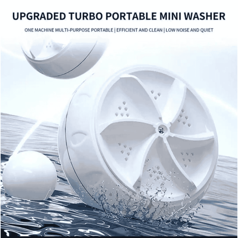 Portable mini washer with water splashes on a light blue background