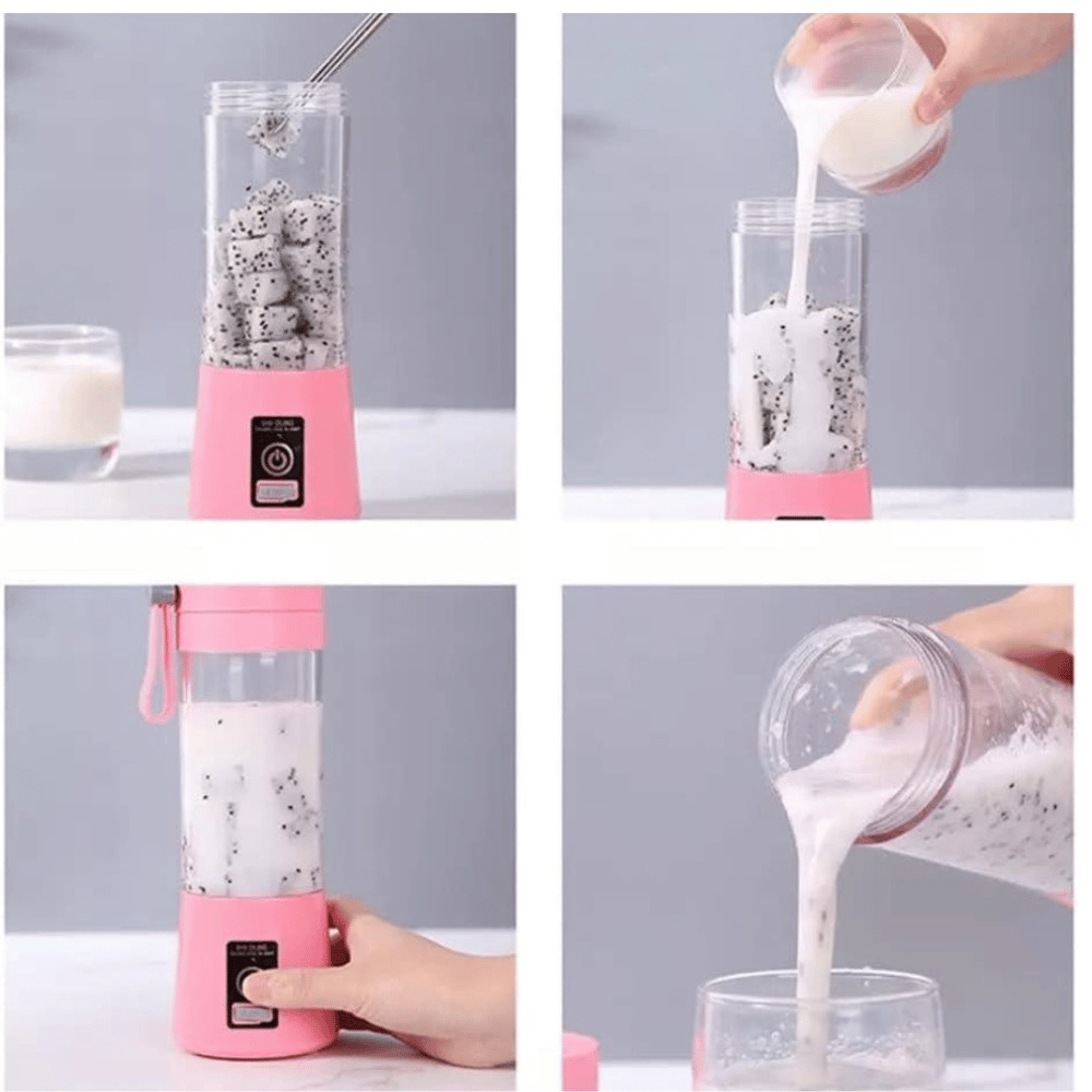 Collage of a pink portable blender being used to make a smoothie.