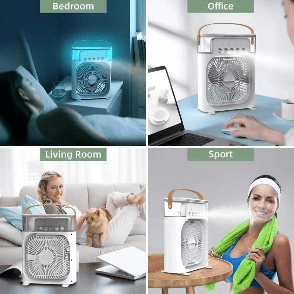 Portable fan used in various settings including bedroom, office, living room, and sport.