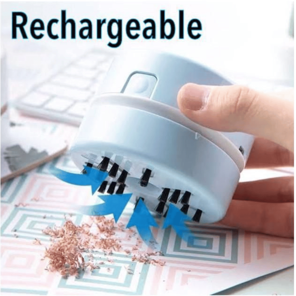 Handheld cleaning tool with blue bristles being used on a surface, labeled 'Rechargeable'.