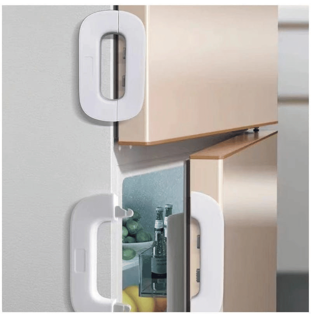 Modern kitchen cabinet with open refrigerator displaying food items.