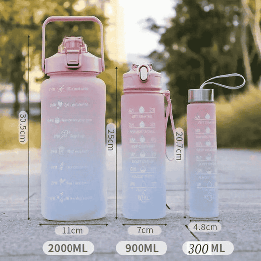 Close-up of water bottle showing measurements and size chart