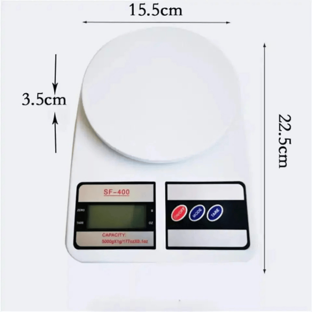 Digital kitchen scale with dimensions labeled on a white background