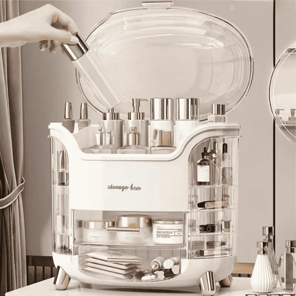 Cosmetic organizer with various skincare products on a vanity table.