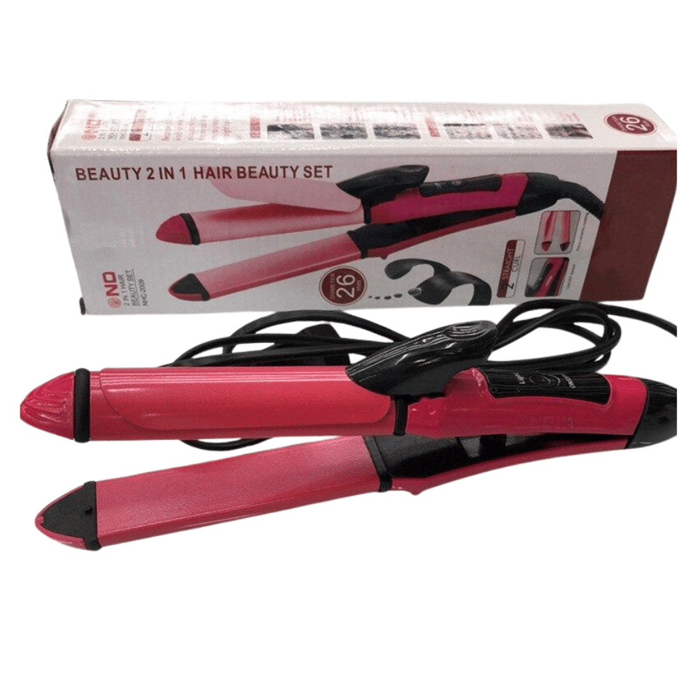 Pink and black hair straightener with packaging on a white background