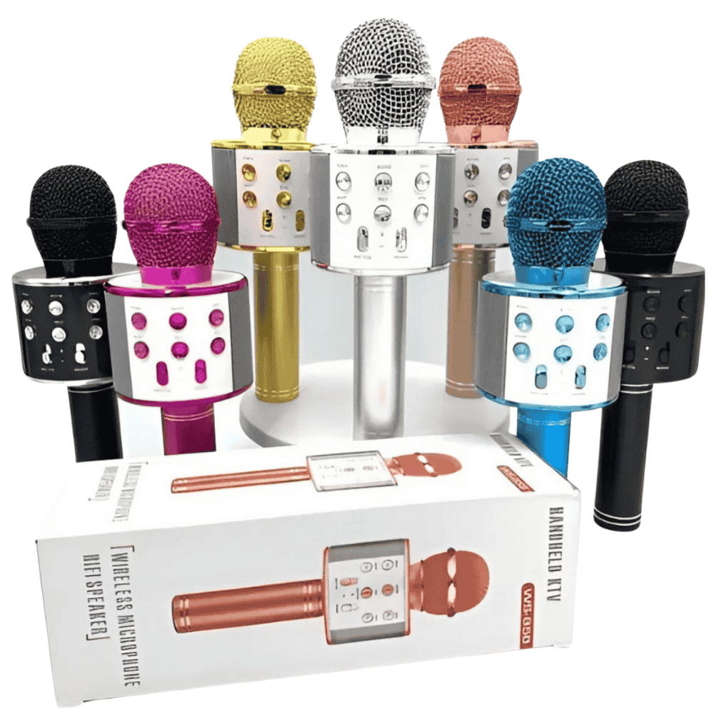 Colorful Bluetooth microphones with a white box in the foreground