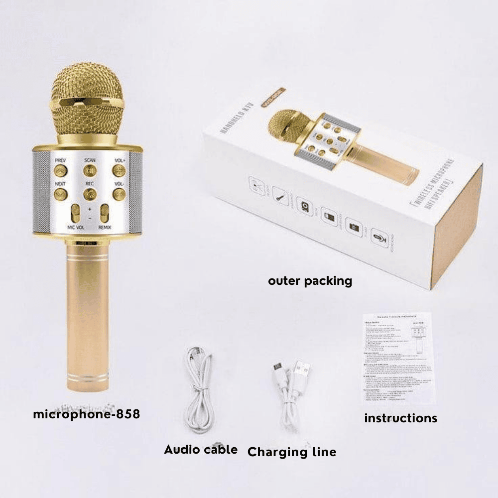 Gold microphone with packaging, audio cable, and charging line on a white background
