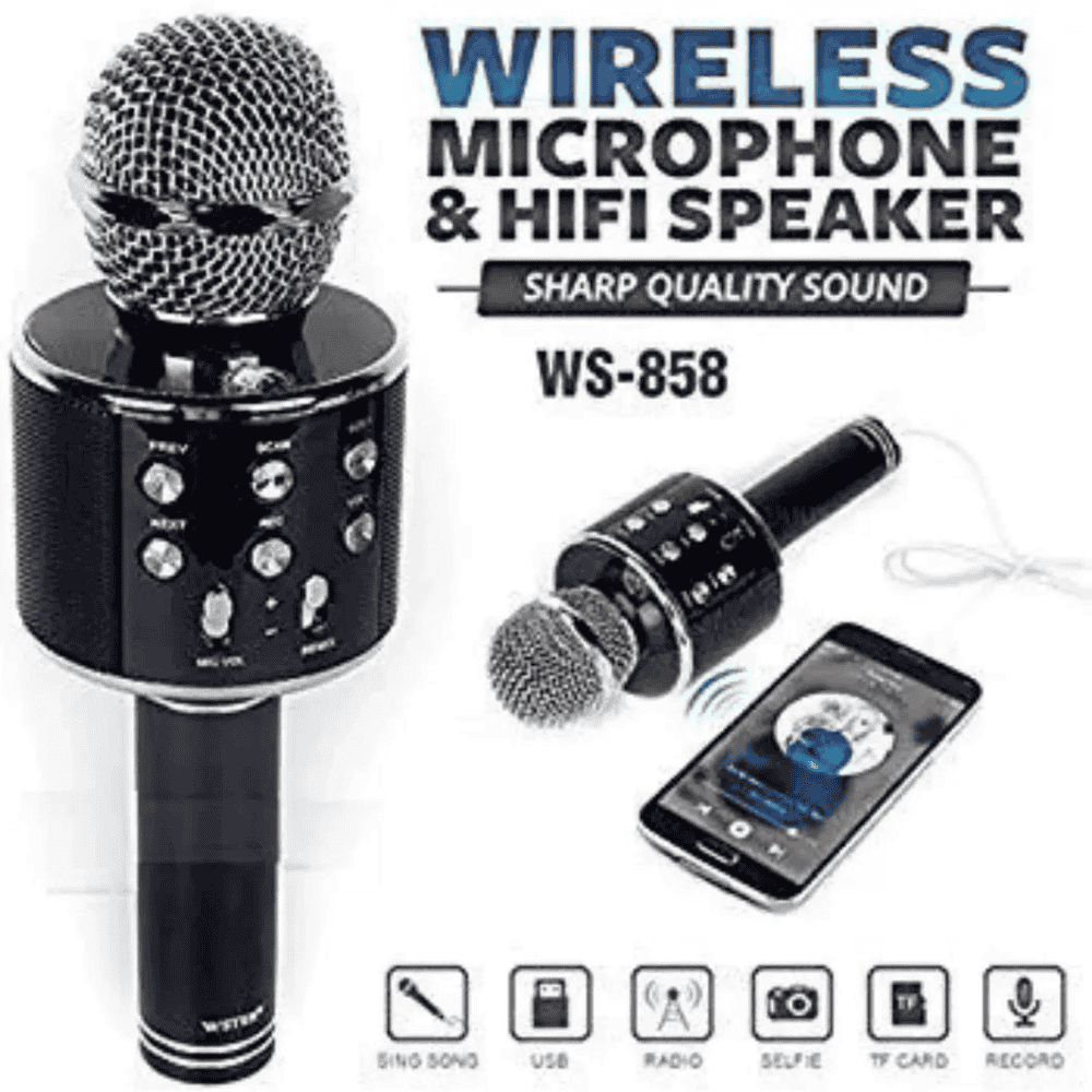 Wireless microphone and HIFI speaker WS-858 with smartphone connection on a white background