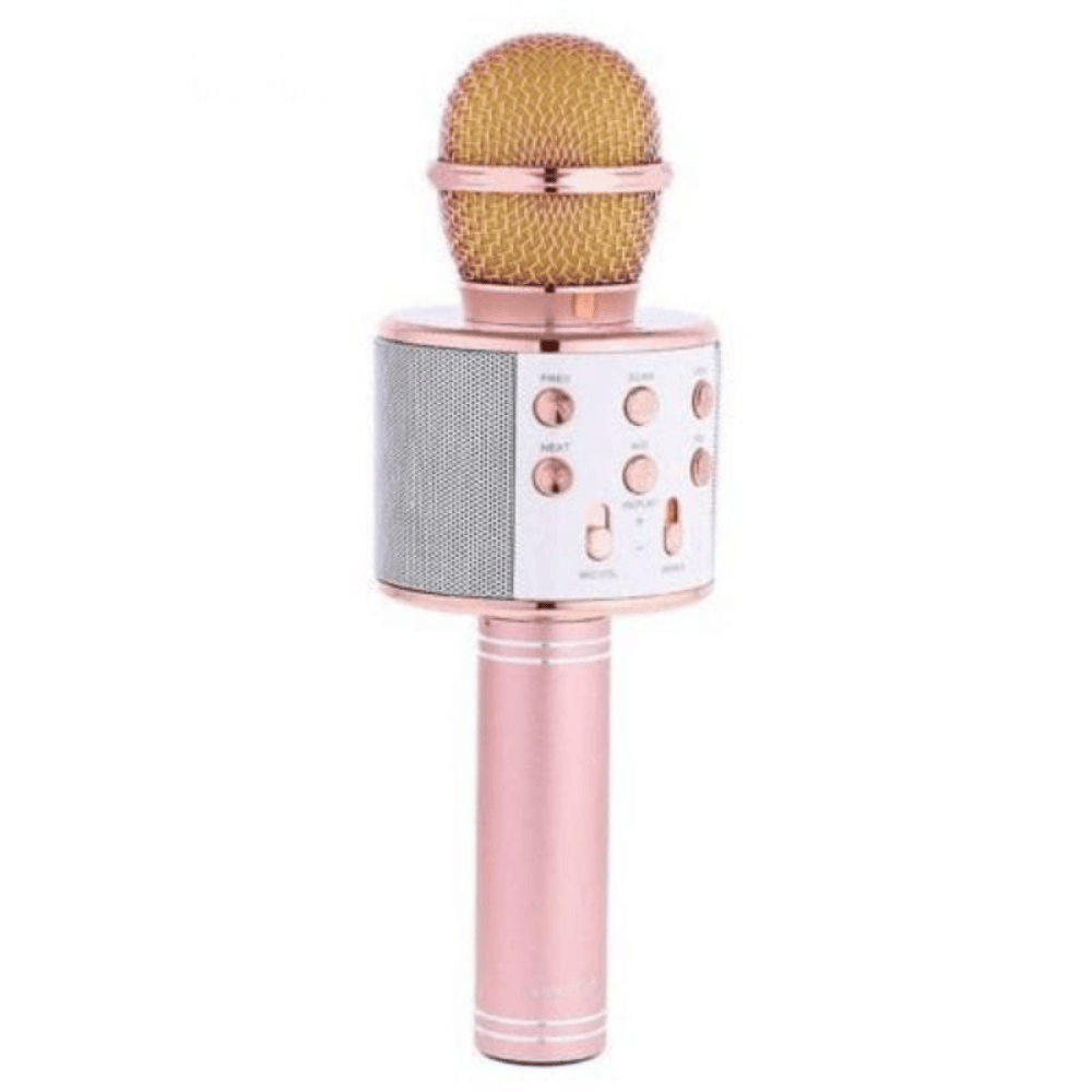 Rose gold and white microphone on a white background