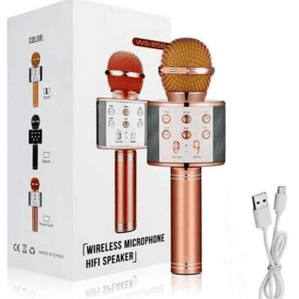 Rose gold wireless microphone and speaker with packaging on a white background