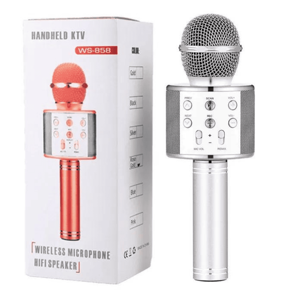 Handheld KTV microphone with packaging on a white background