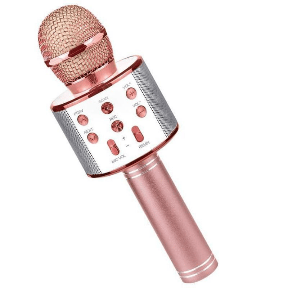 Rose gold microphone with control buttons on a white background
