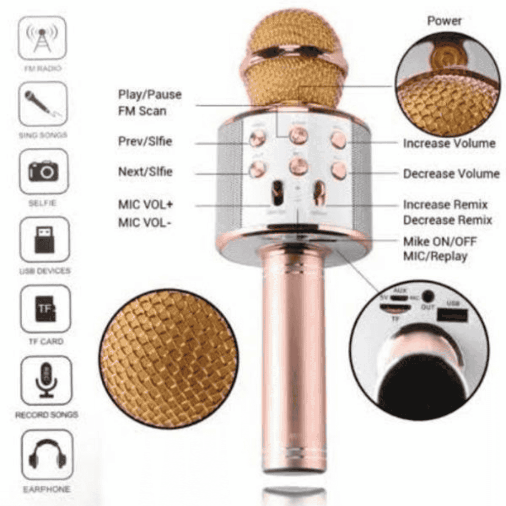Rose gold microphone with control buttons and detailed features on a white background