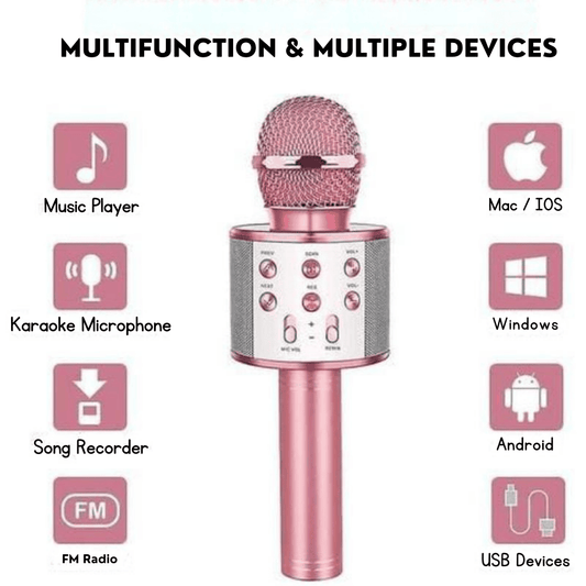 Pink microphone with functionality icons on a white background