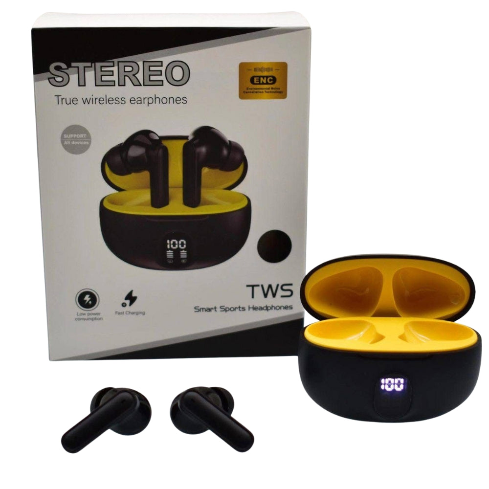 True wireless earphones with charging case and packaging on a white background