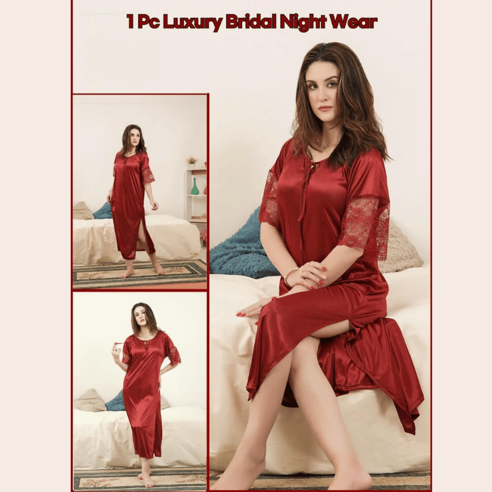 closeup-view of 1-piece luxury bridal nightwear in maroon color