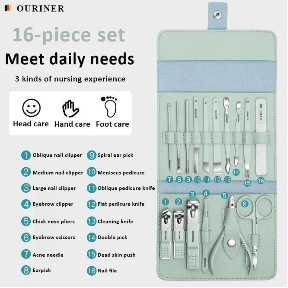 16 in 1 Stainless Steel Nail Cutter Set with Folding Bag