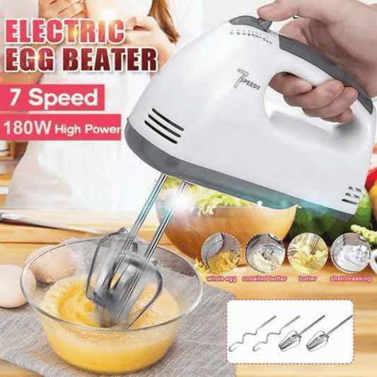 Electric egg beater with attachments being used to mix eggs in a bowl, with text highlighting features like speed and power.