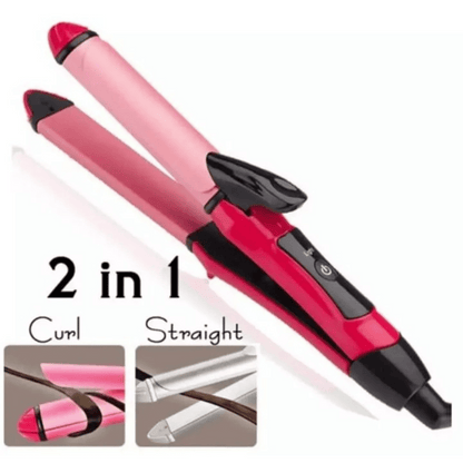 2-in-1 hair straightener and curler with pink and black design on a white background.