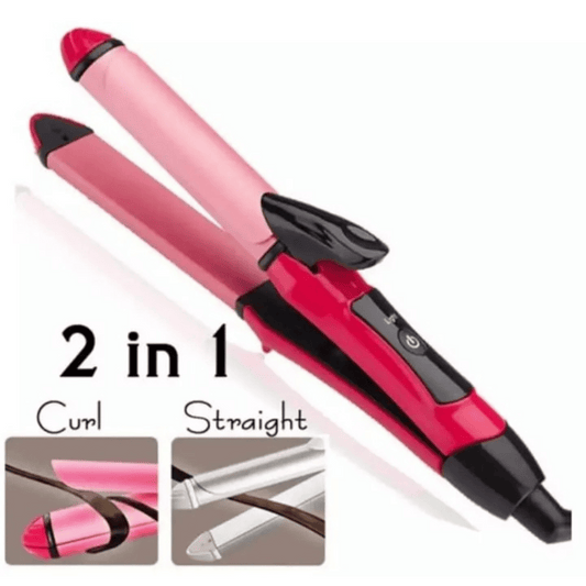 2-in-1 hair straightener and curler with pink and black design on a white background.