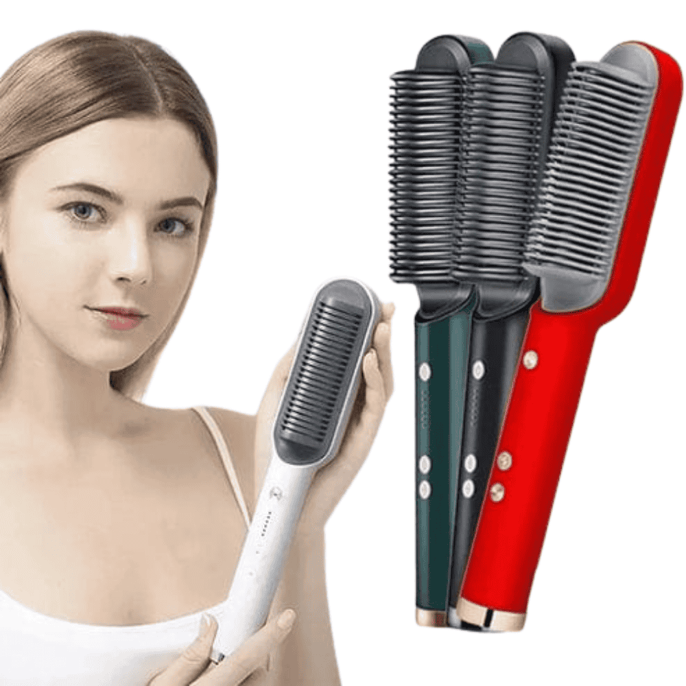 Model showcasing all four color variants of the hair styler