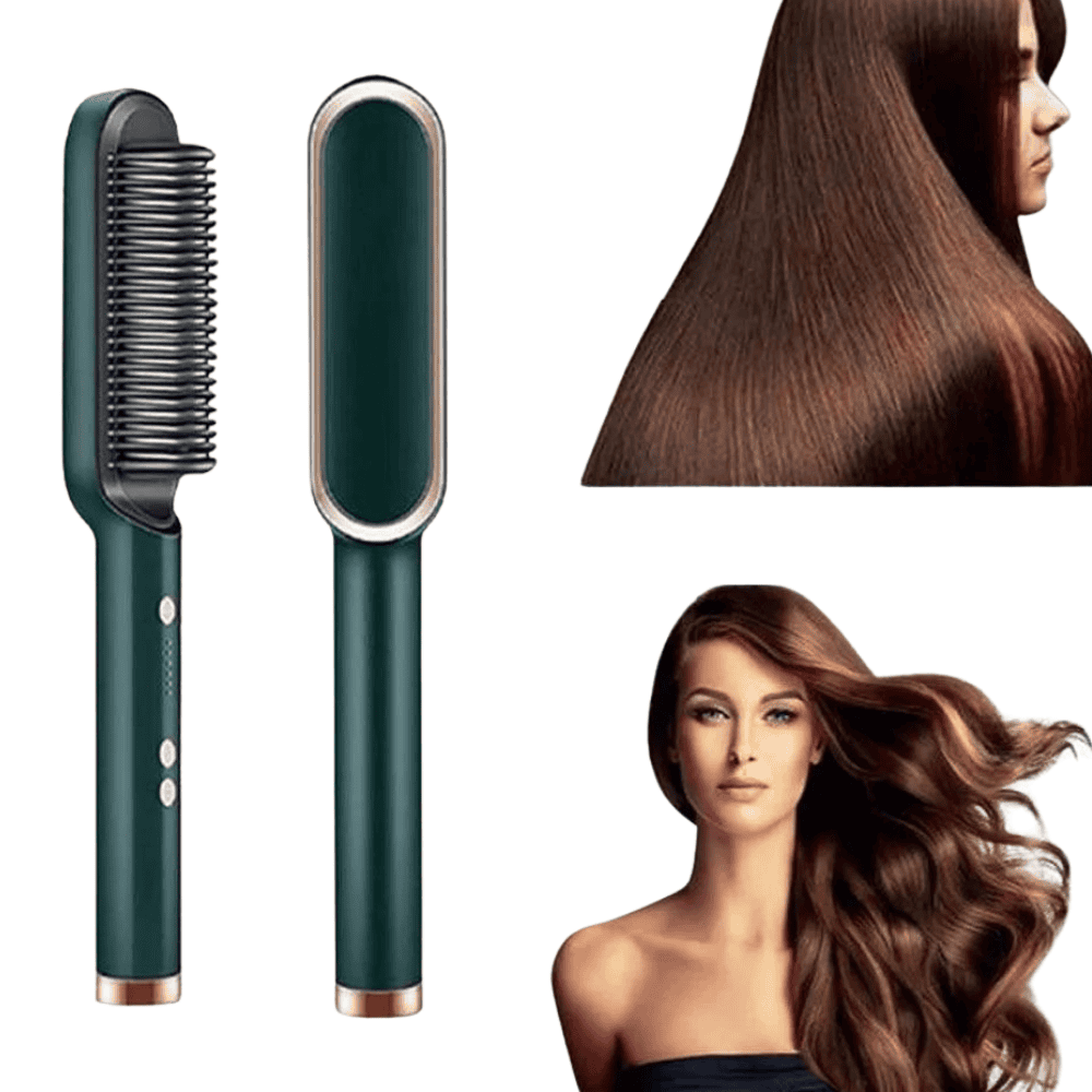 Front view of green hair styler demonstrating a styled hair look