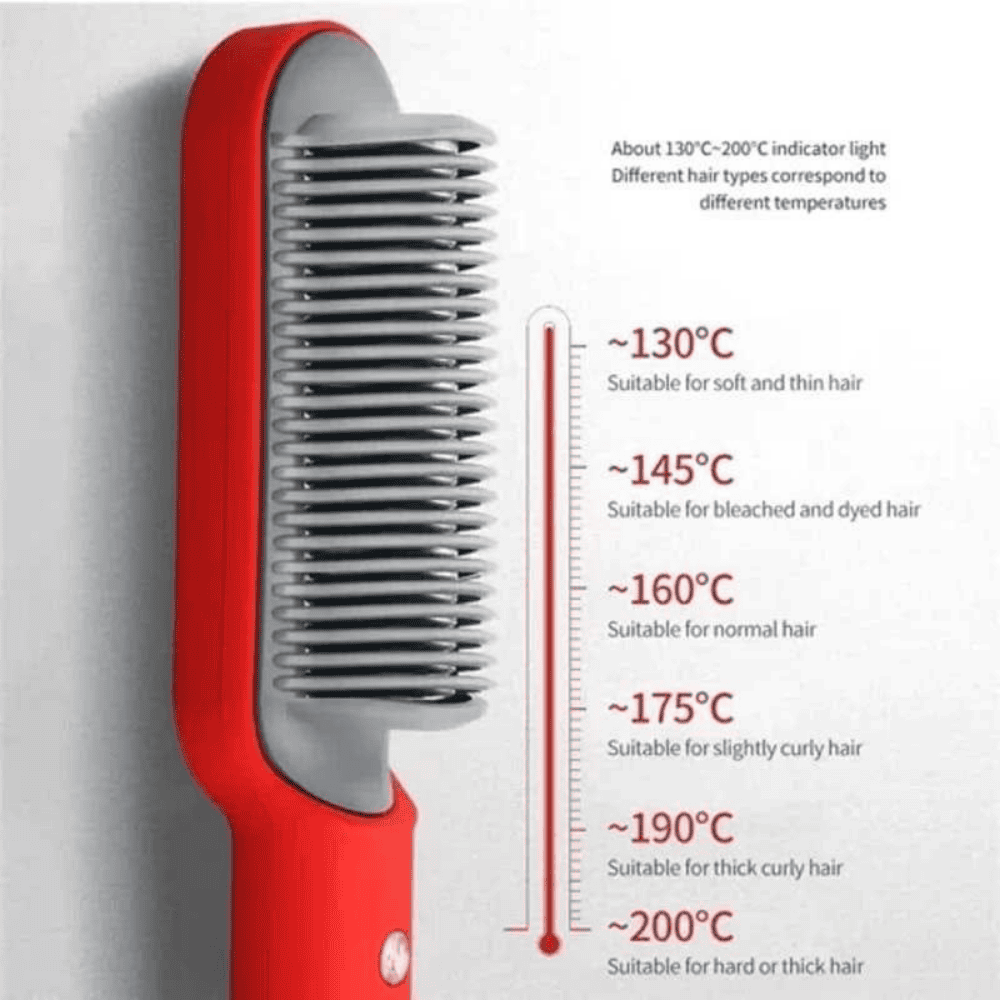 Red hair styler displaying temperature settings