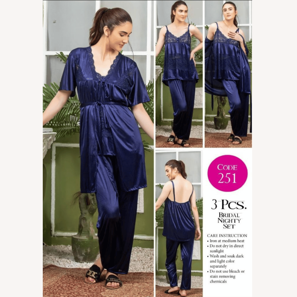 closeup view of 3 piece bridal nighty set in blue color