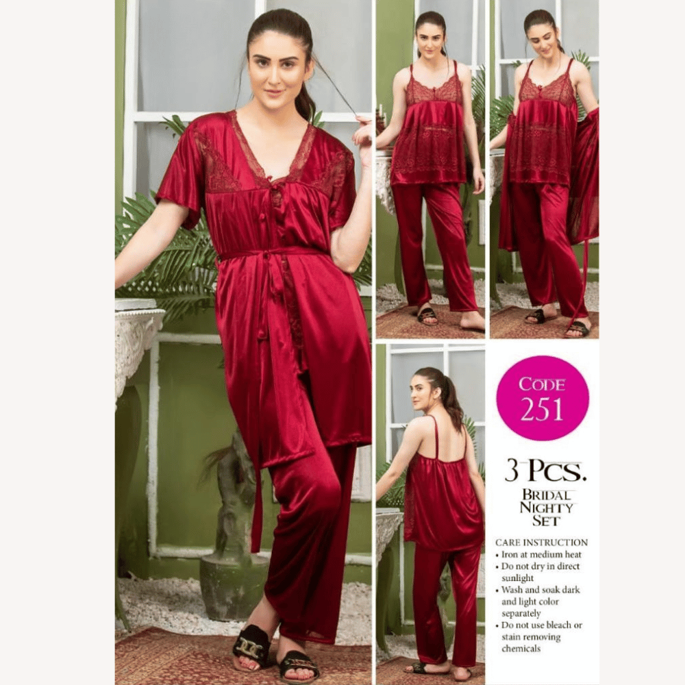 closeup view of 3 piece bridal nighty set in maroon color